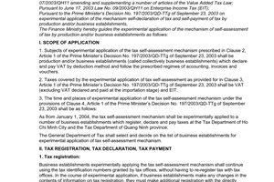 Circular No. 127/2003/TT-BTC of December 22, 2003 guiding the implementation of The Prime Minister’s Decision No. 197/2003/QD-TTg of September 23, 2003 on experimental application of mechanism of self-assessment of tax by production and/or business establishments