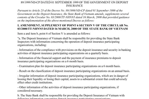 Circular No. 12/2003/TT-NHNN of December 23, 2003, on the amendment, supplement of the Circular No. 03/2000/TT-NHNN5 dated 16 March, 2000 guiding the implementation of Decree No. 89/1999/ND-CP dated 01 September 1999 of the Government on deposit insurance