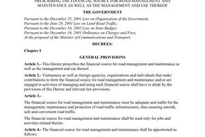 Decree No. 168/2003/ND-CP of December 24, 2003, prescribing the financial source for road management and maintenance as well as the management and use thereof
