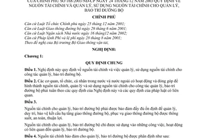 Nghị định 168/2003/NĐ-CP nguồn tài chính quản lý, sử dụng nguồn tài chính cho quản lý, bảo trì đường bộ
