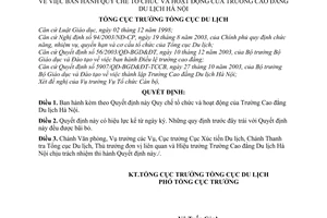 Quyết định 493/2003/QĐ-TCDL Quy chế tổ chức hoạt động của Trường Cao đẳng Du lịch Hà Nội