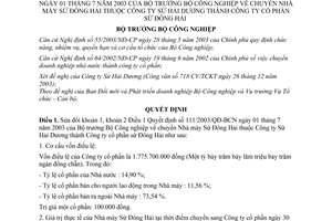 Quyết định 237/2003/QĐ-BCN sửa đổi Quyết định 141/2003/QĐ-BCN chuyển Nhà máy Sứ Đông Hải thuộc Công ty Sứ Hải Dương thành Công ty cổ phần