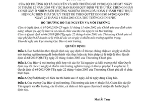 Quyết định 19/2003/QĐ-BTNMT thủ tục chứng nhận cơ sở gây ô nhiễm môi trường nghiêm trọng đã thực hiện biện pháp xử lý triệt để QĐ 64/2003/QĐ-TTg