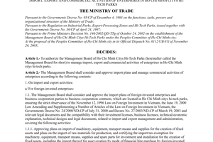 Decision No. 1890/2003/QD-BTM of December 31, 2003, authorizing the Management Board of Ho Chi Minh Citys Hi-Tech Parks to manage import, export and commercial activities of enterprises in Ho Chi Minh Citys Hi-Tech Parks