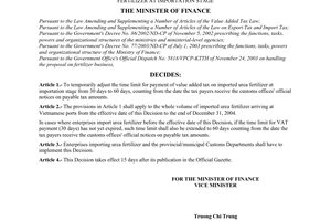 Decision No. 236/2003/QD-BTC, temporarily adjusting the time limit for payment of value added tax on urea fertilizer at importation stage, promulgated by the Ministry of Finance