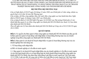 Quyết định 1890/2003/QĐ-BTM uỷ quyền Ban quản lý khu công nghệ caoTP HCM quản lý hoạt động xuất nhập khẩu hoạt động thương doanh nghiệp