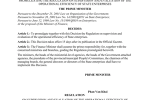 Decision No. 271/2003/QD-TTg of December 31, 2003, promulgating the regulation on supervision and evaluation of the operational efficiency of state enterprises