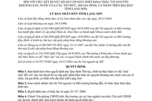 Quyết định 46/2003/QĐ-UB thủ tục cơ chế một cửa xét duyệt cấp giấy phép khai thác tài nguyên Lạng Sơn