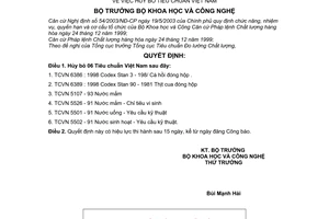 Quyết định 40/2003/QĐ-BKHCN huỷ bỏ Tiêu chuẩn Việt Nam Codex Stan Nước mắm uống sinh hoạt