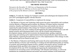 Decision No. 272/2003/QD-TTg of December 31, 2003, ratifying the strategy for Vietnam's scientific and technological development till the year 2010