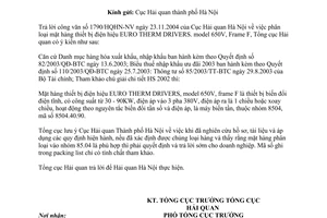 Công văn  118TCHQ/GSQL  phân loại  hàng thiết bị điện hiệu EURO THERM DRIVERS. model 650V, Frame F