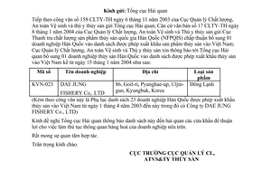 Công văn 35 CLTY-TH thông báo bổ sung danh sách doanh nghiệp Hàn Quốc được phép xuất khẩu thuỷ sản vào Việt nam