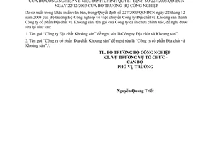 Công văn 232/CV-TCCB  đính chính QĐ 227/2003/QĐ-BCN chuyển Công ty Địa chất và Khoáng sản thành Công ty cổ phần Địa chất và Khoáng sản