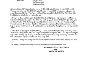 Công văn 49/VPCP-QHQT thực hiện cam kết  hai Hiệp định Dệt-May giữa Việt Nam với EC và với Hoa kỳ