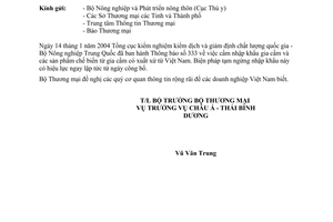 Công văn  0355/TM-CATBD Trung Quốc ngừng nhập khẩu gia cầm của Việt Nam