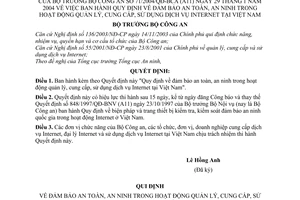 Quyết định 71/2004/QĐ-BCA A11 đảm bảo an toàn, an ninh trong hoạt động quản lý, cung cấp, sử dụng dịch vụ Internet tại Việt Nam