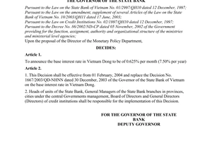 Decision No. 106/QD-NHNN of January 30, 2004, on the base interest rate in Vietnam Dong