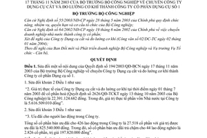 Quyết định 01/2004/QĐ-BCN chuyển Công ty Dụng cụ cắt đo lường cơ khí thành Công ty cổ phần Dụng cụ số 1 sửa đổi 194/2003/QĐ-BCN