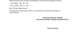 Announcement No. 0041 TM/XNK of January 06, 2004, On change of account details