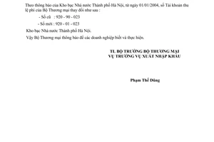 Thông báo 0041 TM/XNK thay đổi số Tài khoản Bộ Thương mại