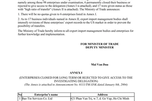 Announcement No. 0111 /TM-XNK January 8, 2004 on referring to the Report on capacity of textile and garments production of Vietnam