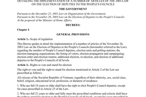Decree of Government No.19/2004/ND-CP of January 10th, 2004 detailing the implementation of a number of articles of the 2003 Law on the election of deputies to The People's Councils