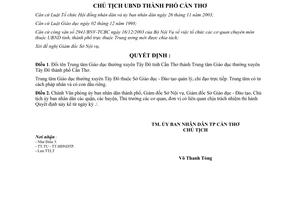 Quyết định 138/2004/QĐ-UB đổi tên Trung tâm Giáo dục thường xuyên Tây Đô Cần Thơ