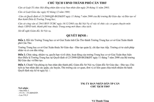 Quyết định 99/2004/QĐ-UB đổi tên thành Trường Trung học cơ sở Giai Xuân Cần Thơ