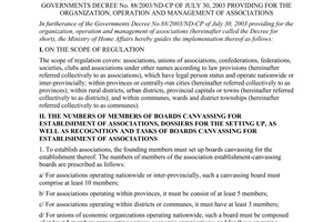 Circular No.01/2004/TT-BNV of January 15th, 2004 guiding the implementation of a number of articles of The Governments Decree No. 88/2003/ND-CP of July 30, 2003 providing for the organization, operation and management of associations
