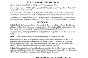 Quyết định 49/2004/QĐ-UBND thành lập trung tâm giống nông nghiệp thuộc sở nông nghiệp phát triển nông thôn Hậu Giang