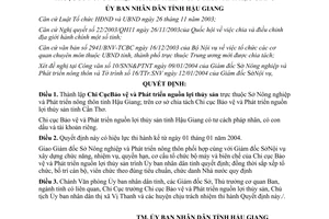 Quyết định 56/2004/QĐ-UBND thành lập chi cục bảo vệ phát triển nguồn lợi thủy sản Hậu Giang