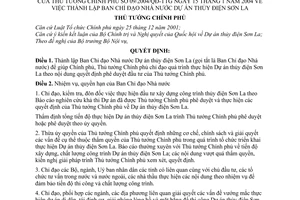 Quyết định 09/2004/QĐ-TTg thành lập Ban Chỉ đạo nhà nước dự án thuỷ điện Sơn La