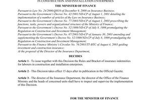 Decision No.14/2004/QD-BTC of January 16th, 2004 issuing the rules and bracket of insurance indemnities for laborers in construction and installation enterprises