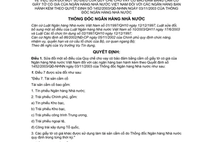 Quyết định 94/2004/QĐ-NHNN Quy chế cho vay có bảo đảm bằng cầm cố giấy tờ có giá trị của NHNN Việt Nam với ngân hàng sửa đổi 1452/2003/QĐ-NHNN