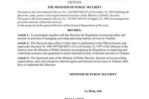 Decision No.71/2004/QD-BCA(A11) of January 29th, 2004 promulgating The Regulation on ensuring safety and security in activities of managing, providing and using internet services in Vietnam