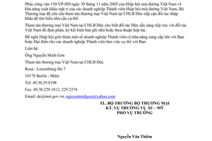 Công văn 0464/TM-AM  xuất khẩu mật mía sang Đức