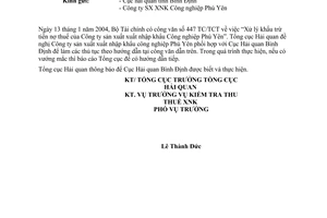 Công văn  511/TCHQ-KTTT  xử lý khấu trừ tiền nợ thuế của công ty SX XNK Công nghiệp Phú Yên