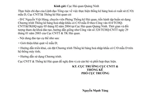 Công văn 525/TCHQ-CNTT&TKHQ  bổ sung nội dung tập huấn chương trình Thống kê hàng hoá nhập khẩu có xuất xứ