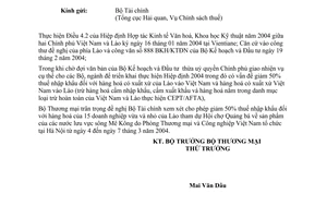 Công văn 0821/TM-CA.TBD giảm 50% thuế nhập khẩu hàng của Lào tham dự hội chợ các nước lưu vực sông  MêKôngtại Hà Nội 4-7/3/2004