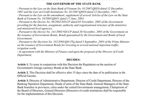 Decision No. 111/2004/QD-NHNN of February 2, 2004, on the issuance of the regulation on the auction of the Government's Foreign Currency Bonds at the State Bank