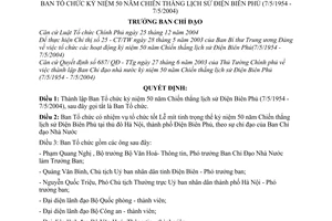 Quyết định 01/QĐ-BCĐ-ĐBP thành lập Ban Tổ chức kỷ niệm 50 năm Chiến thắng lịch sử Điện Biên Phủ 7/5/1954 - 7/5/2004