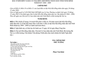 Nghị định 38/2004/NĐ-CP phê chuẩn số lượng, danh sách đơn vị bầu cử  đại biểu được bầu Hội đồng nhân dân tỉnh Ninh Bình nhiệm kỳ 2004 - 2009