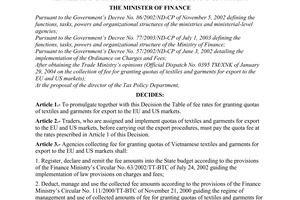 Decision No. 16/2004/QD-BTC of February 12, 2004, promulgating the table of fee rates for granting quotas of textiles and garments for export to the EU and US markets