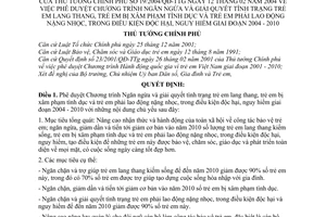 Quyết định 19/2004/QĐ-TTg chương trình ngăn ngừa  giải quyết tình trạng trẻ em lang thang,bị xâm hại tình dụng,lao động nặng nhọc,độc hại 2004-2010