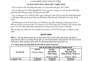 Quyết định 297/2004/QĐ-UB giá vé khu di tích lịch sử văn hoá biểu diễn nghệ thuật Thừa Thiên Huế