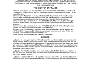 Decision No. 19/2004/QD-BTC of the Ministry of Finance, 
promulgating the list of commodities and their import tax rates for implementation of the import tax reduction schedule under the Textile and Garment Trading Agreement signed between Vietnam and the US for the 2003-2005 period