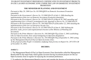 Decision No. 117/2004/QD-BKH of February 16, 2004, authorizing the management board of Chu Lai open economic zone to grant investment preference certificates to investment projects in Chu Lai open economic zone under the law on domestic investment promotion
