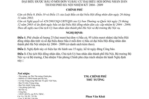 Nghị định 52/2004/NĐ-CP phê chuẩn số lượng, danh sách đơn vị bầu cử đại biểu được bầu Hội đồng nhân dân thành phố Hà Nội nhiệm kỳ 2004 - 2009