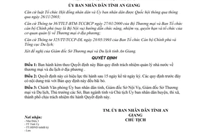 Quyết định 291/2004/QĐ.UB trách nhiệm quản lý về thương mại du lịch An Giang