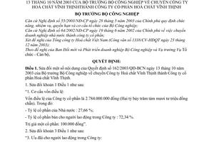Quyết định 13/2004/QĐ-BCN chuyển Công ty Hoá chất VĩnhThịnh thành Công ty cổ phần sửa đổi 162/2003/QĐ-BCN